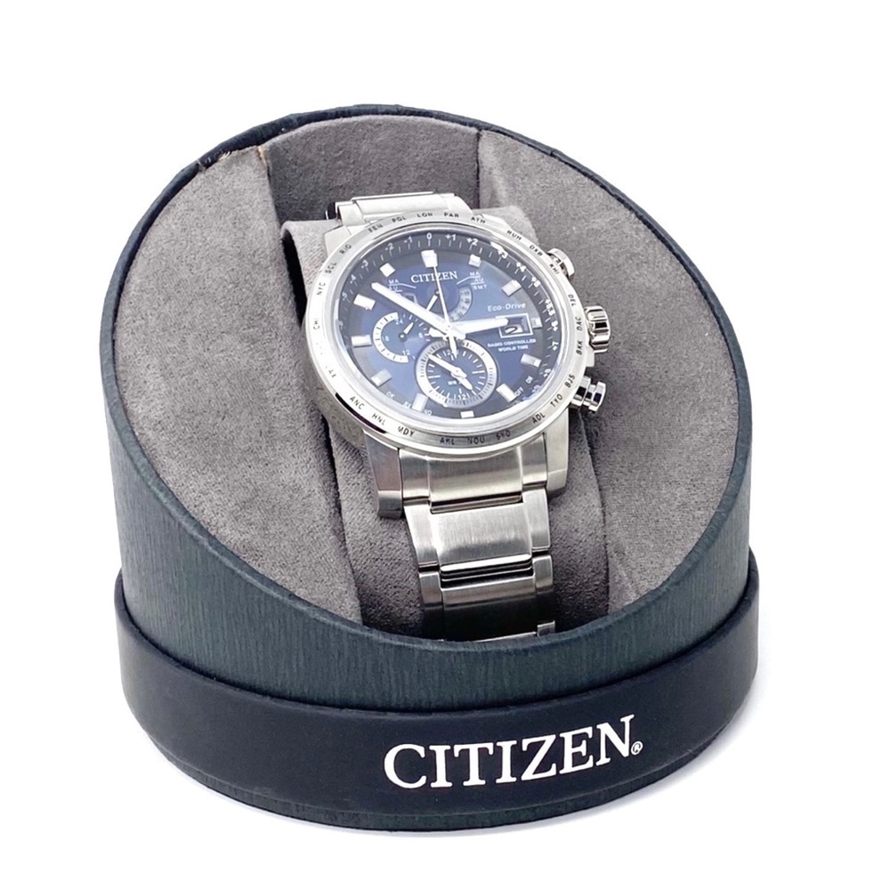 Citizen Eco-Drive World Time A-T Bracelet Watch Solar Silver-Toned w/ Blue Face - Picture 12 of 13